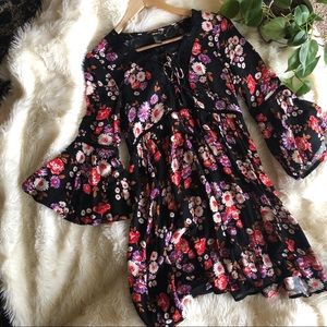 Floral black lace tie front Bell sleeve dress